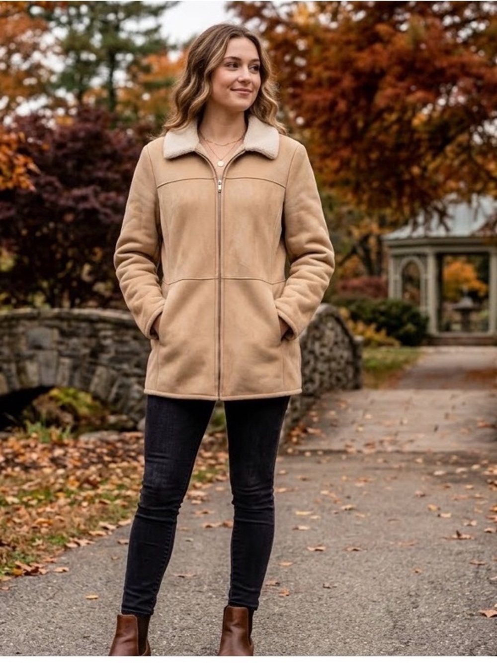 Liz Claiborne tan zip up vegan wool lined coat sz M EUC
